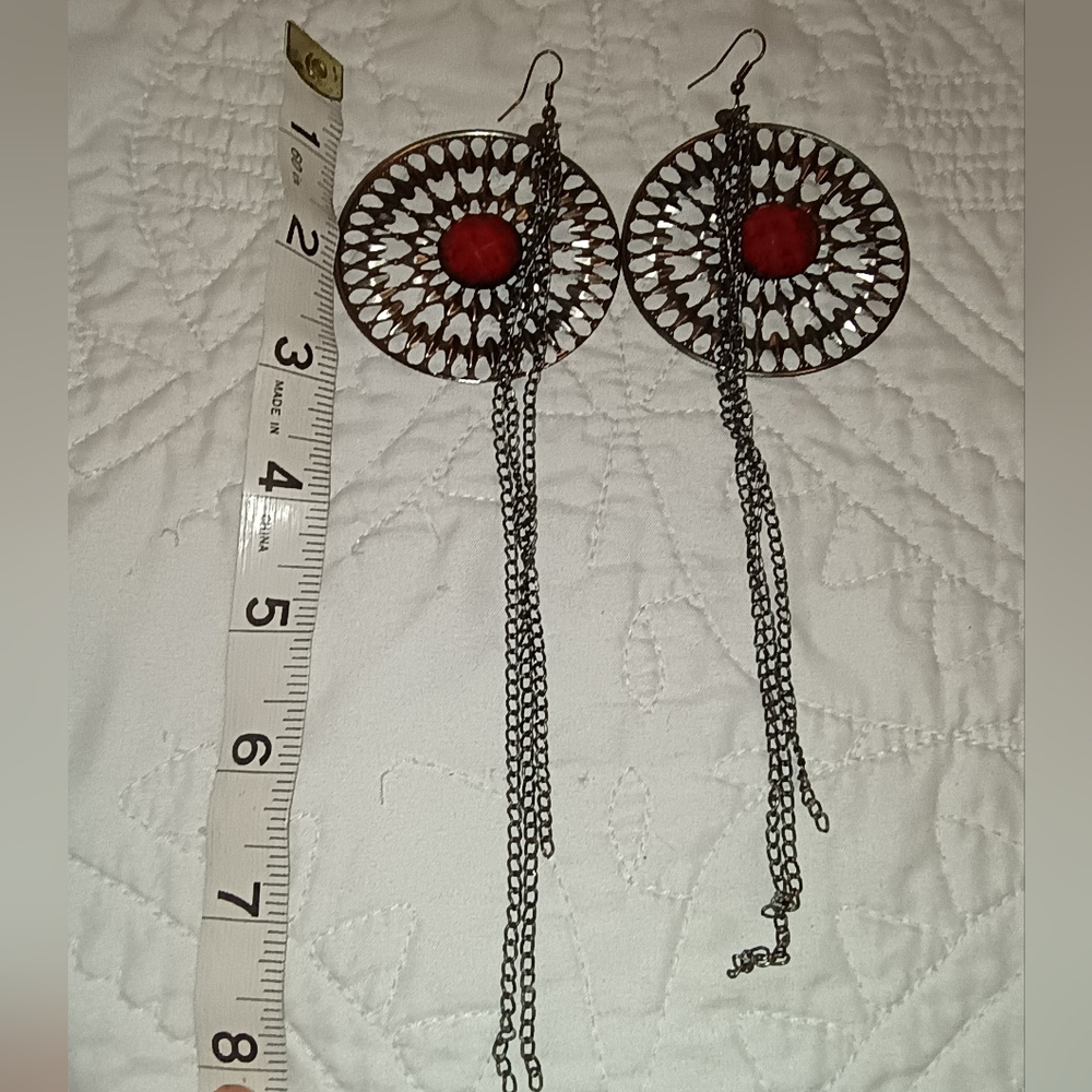 Large Round Silver-Tone Dangle Earrings W/Red Center Stone & Hanging Chains